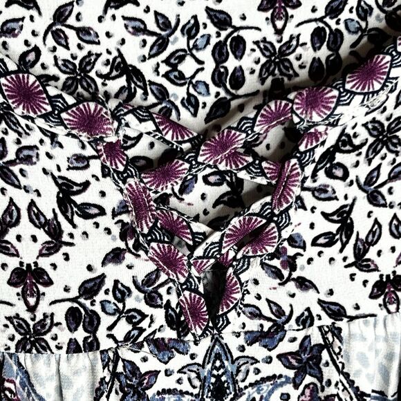 Style & Co Peasant Boho Top Size L Purple White Print Long Bell Sleeves Smocked - Picture 7 of 9